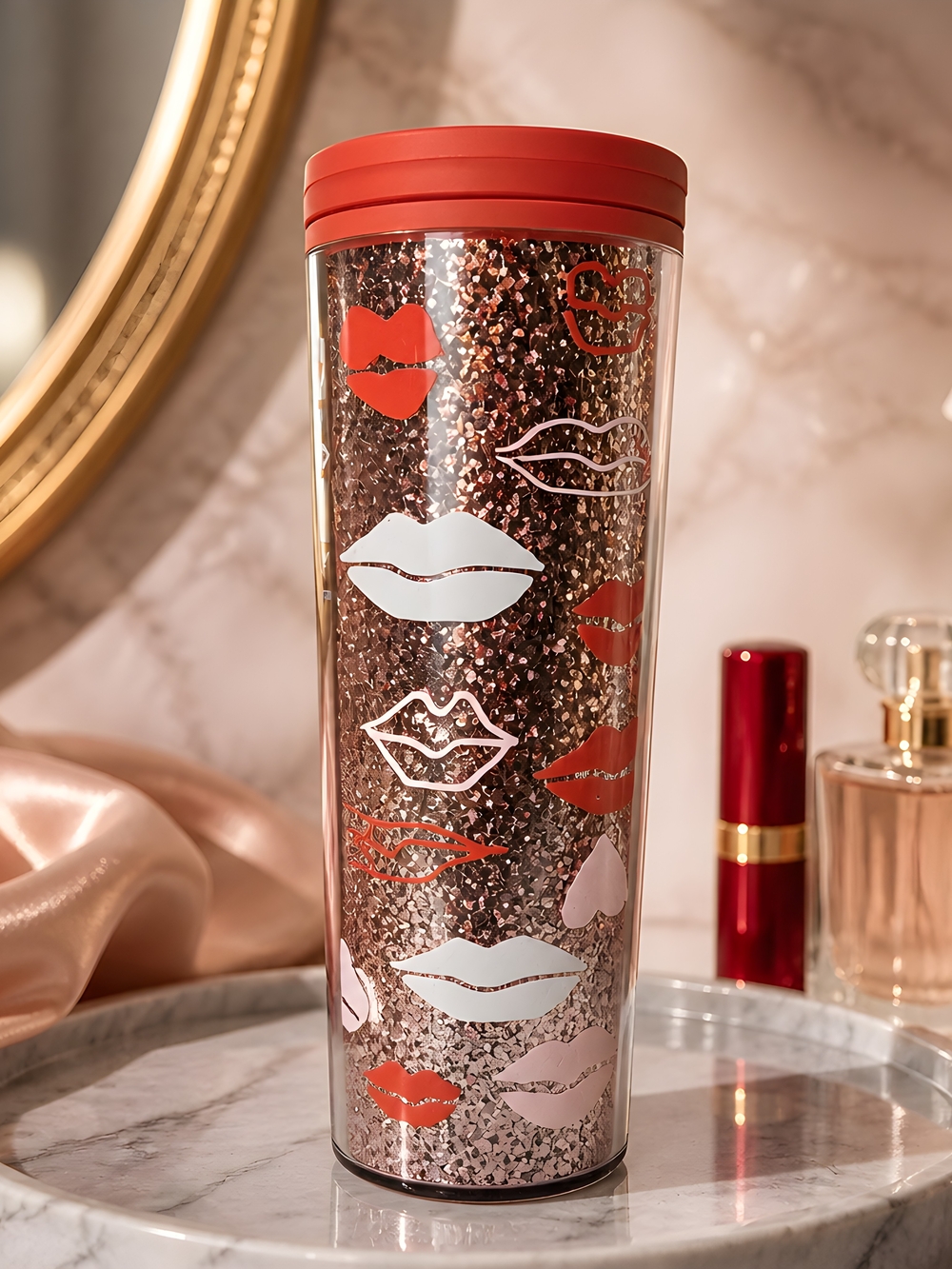 Starbucks Red, White, & Pink Lip & Heart Print Tumbler-Twist Lid